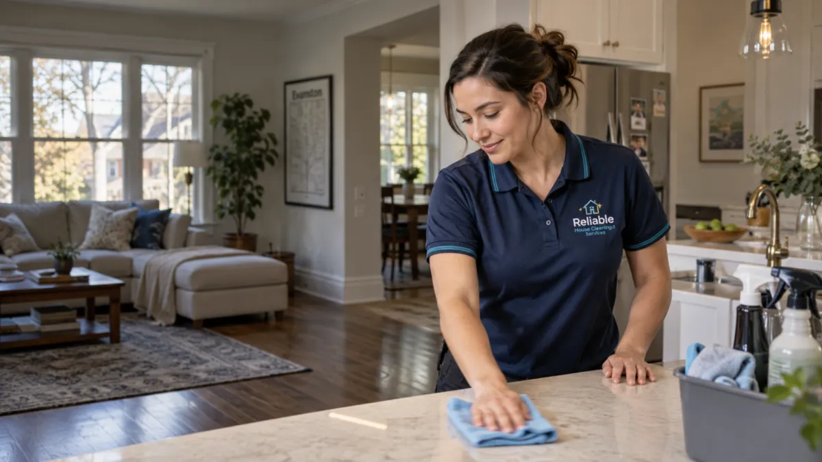 Professional cleaner wiping a kitchen counter in a bright home
